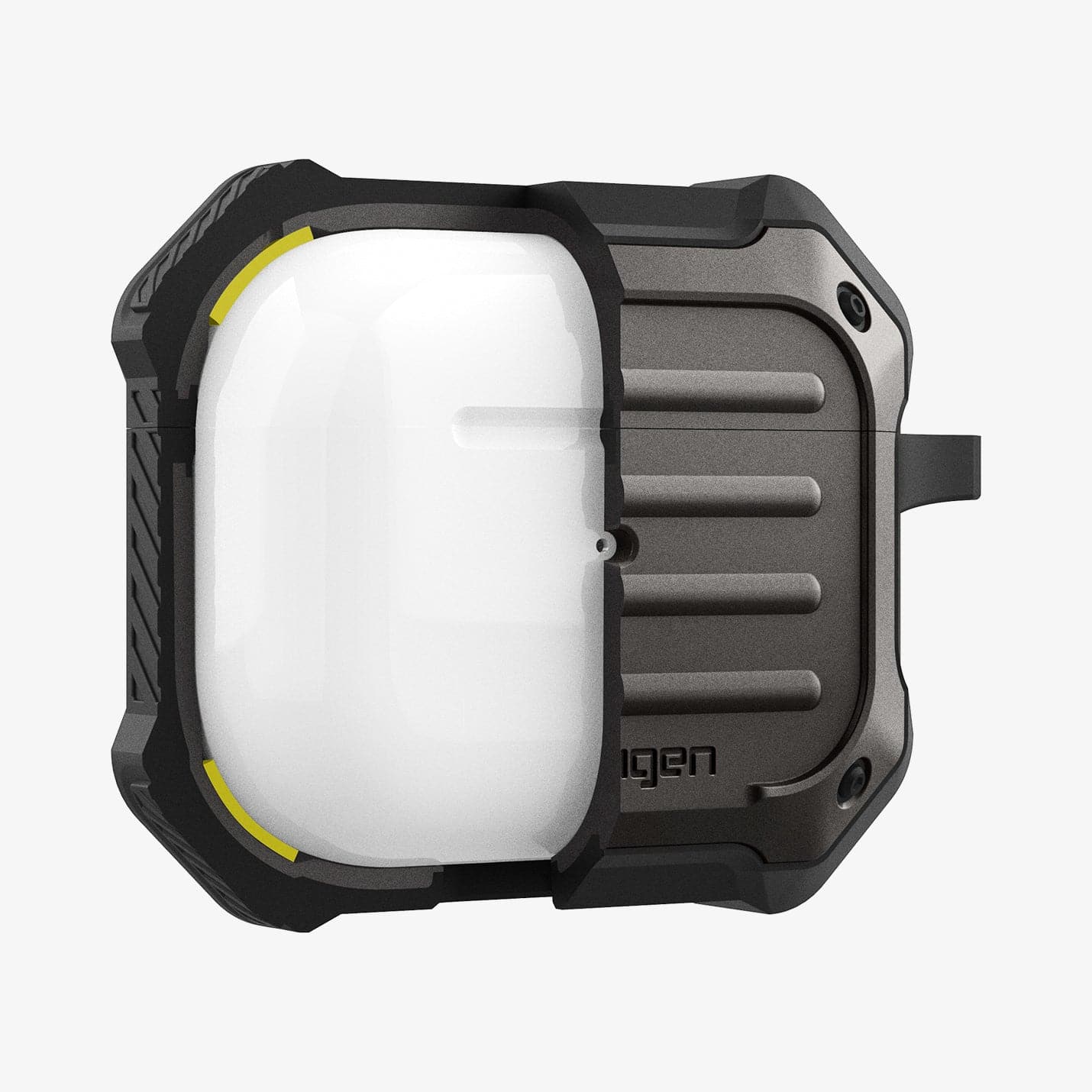 ASD01989 - Apple AirPods 3 Case Tough Armor in gunmetal showing the front with case cut half open