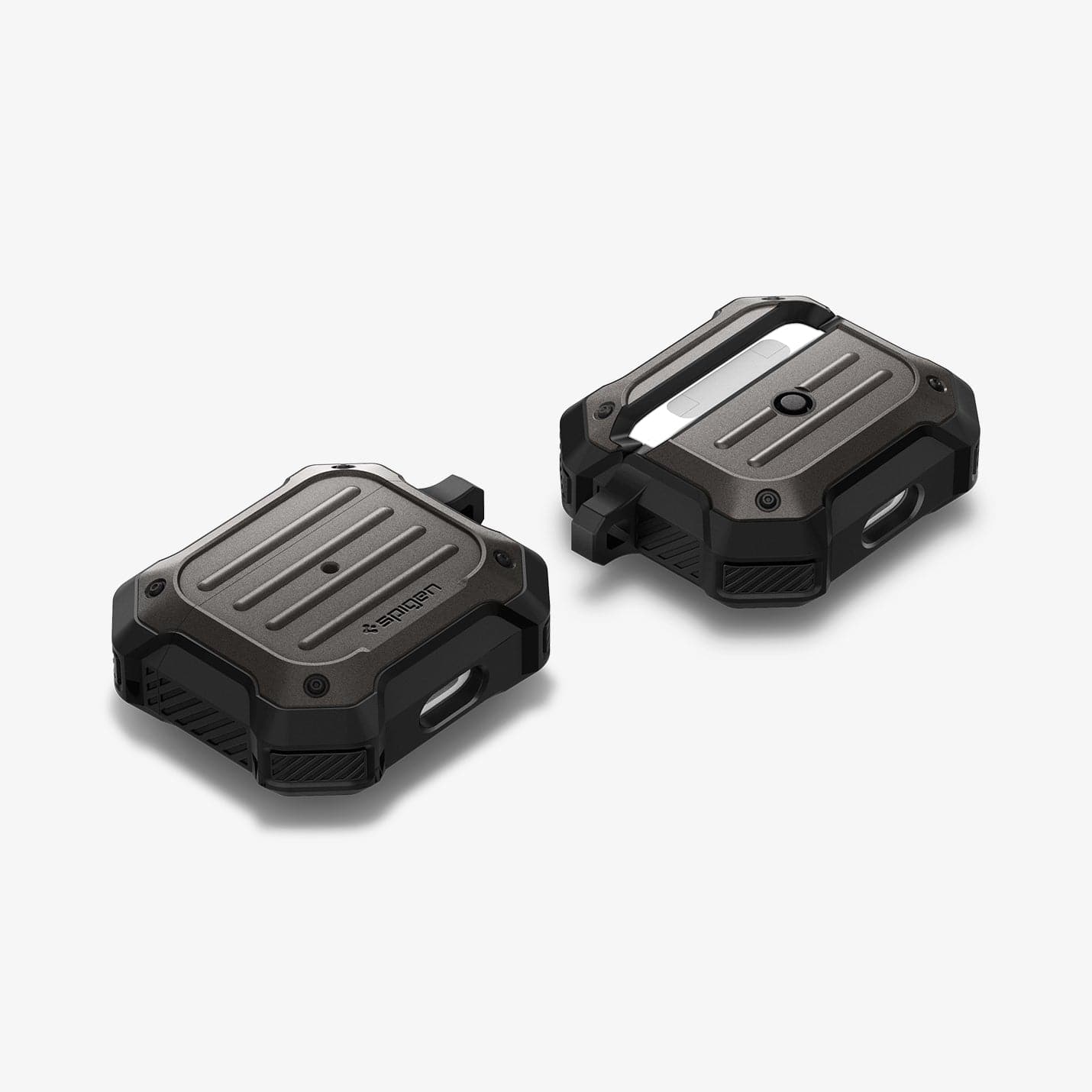 ASD01989 - Apple AirPods 3 Case Tough Armor in gunmetal showing the front, back and sides