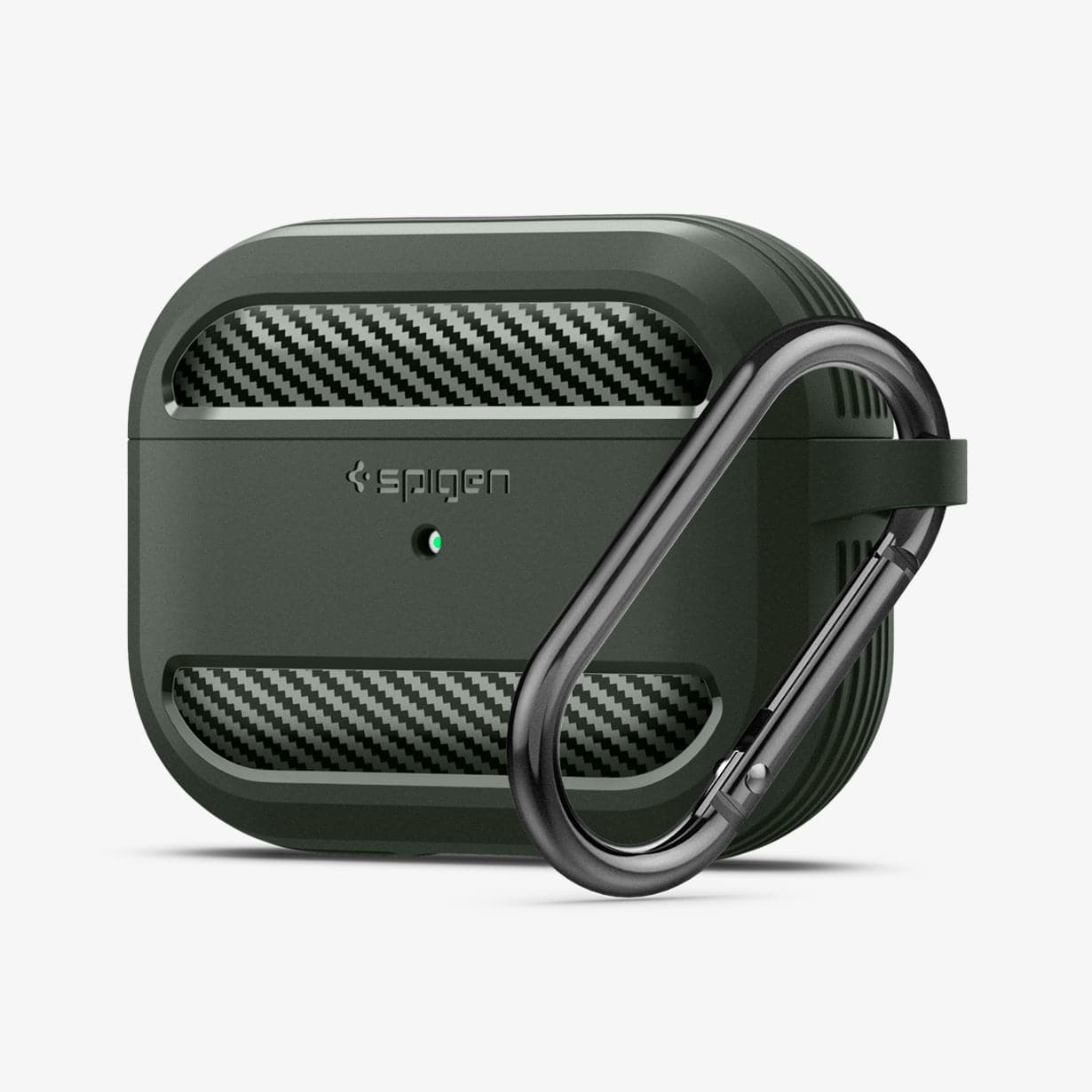 ASD01441 - Apple AirPods Pro Case Rugged Armor in military green showing the front and carabiner