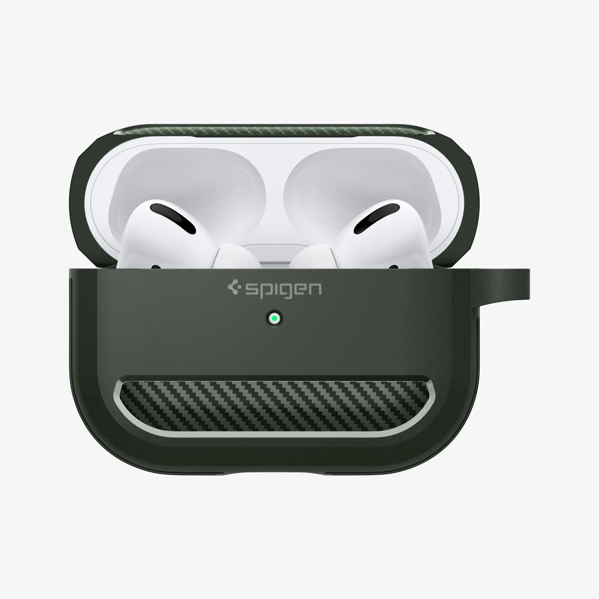 ASD01441 - Apple AirPods Pro Case Rugged Armor in military green showing the front with top open and AirPods inside