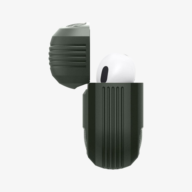 ASD01441 - Apple AirPods Pro Case Rugged Armor in military green showing the side with top open and AirPods inside