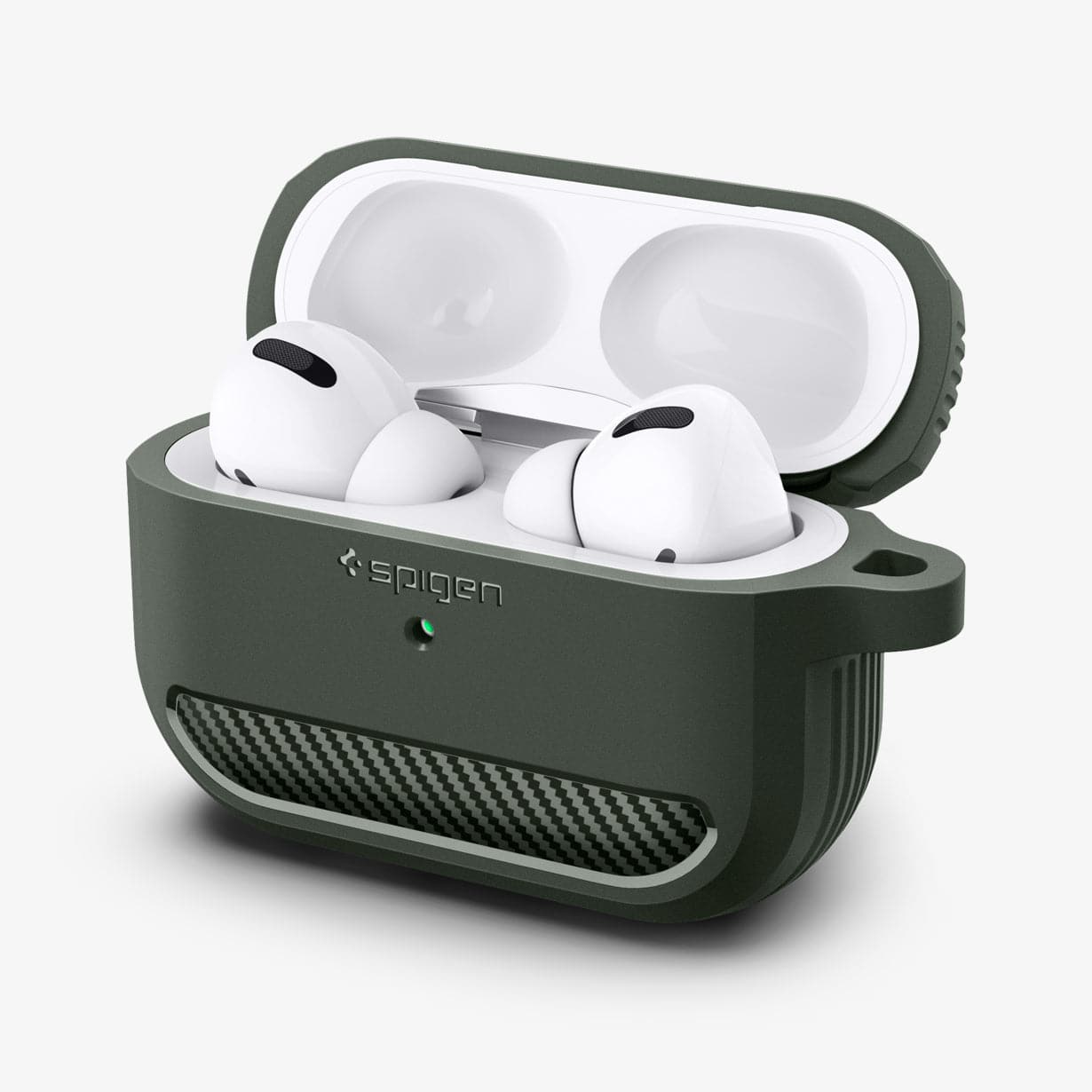 ASD01441 - Apple AirPods Pro Case Rugged Armor in military green showing the front, side and top open with AirPods inside