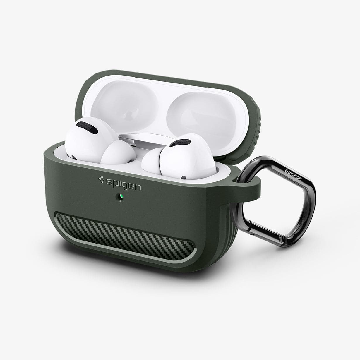 ASD01441 - Apple AirPods Pro Case Rugged Armor in military green showing the front, carabiner and top open with AirPods inside