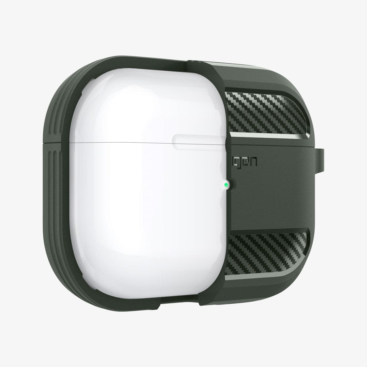 ASD01441 - Apple AirPods Pro Case Rugged Armor in military green showing the front with case cut half open