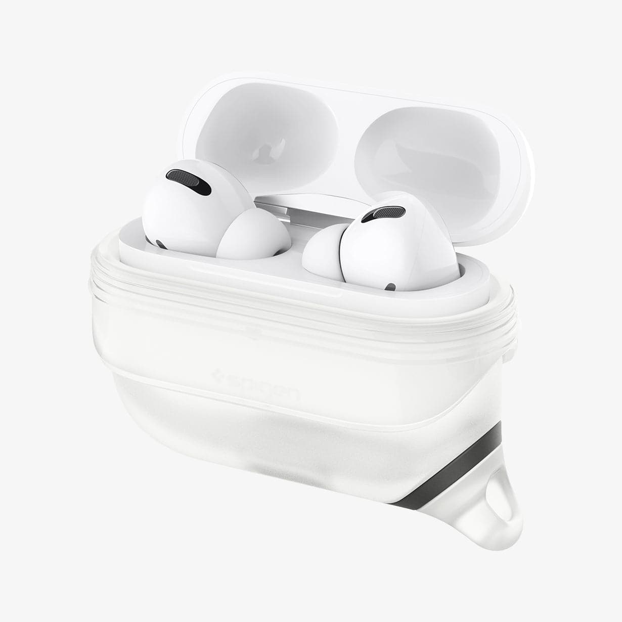 ASD02236 - Apple AirPods Pro / AirPods Pro 2 Case Slim Armor IP in frost clear showing the front and side with flaps pulled down and AirPods inside