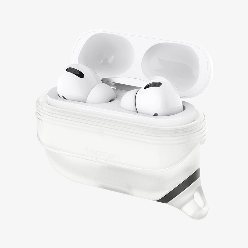 ASD02236 - Apple AirPods Pro / AirPods Pro 2 Case Slim Armor IP in frost clear showing the front and side with flaps pulled down and AirPods inside