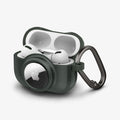 ACS04391 - Apple AirPods Pro Case Tag Armor Duo in military green showing the front, side, carabiner and top open with AirPods inside