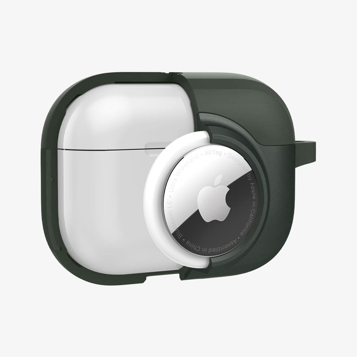 ACS04391 - Apple AirPods Pro Case Tag Armor Duo in military green showing the front, AirTag in slot and case cut half open