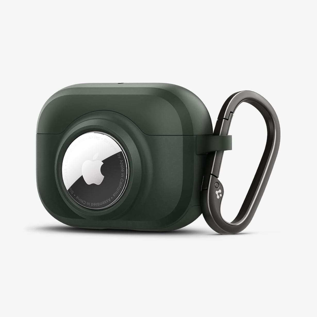 ACS04391 - Apple AirPods Pro Case Tag Armor Duo in military green showing the front, side, AirTag in slot and carabiner