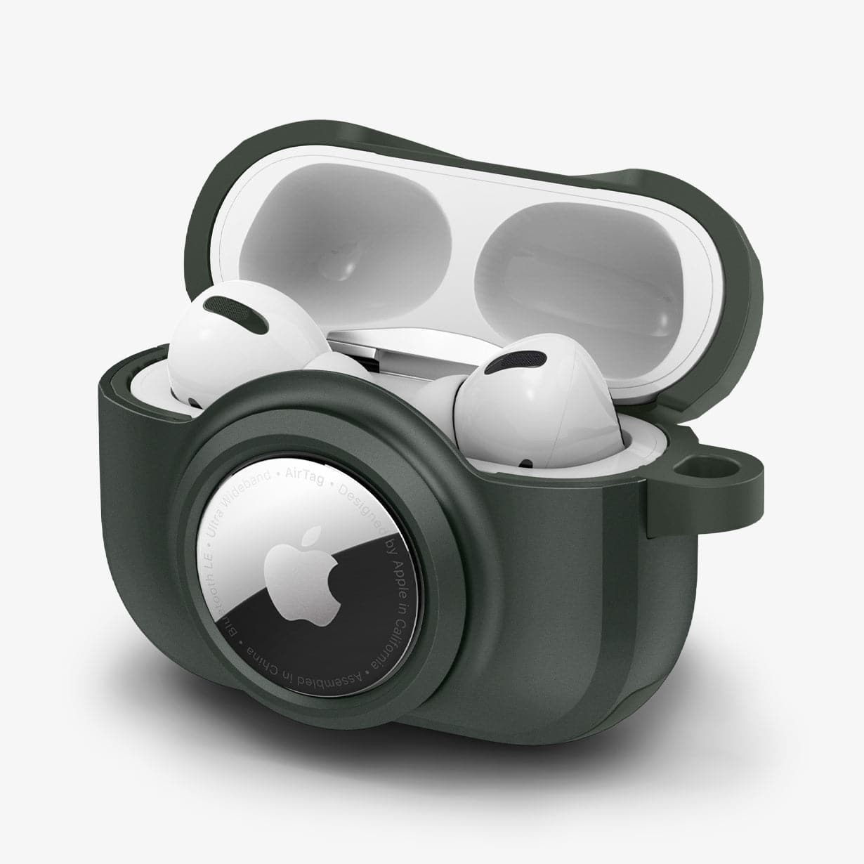 ACS04391 - Apple AirPods Pro Case Tag Armor Duo in military green showing the front, side and top open with AirPods inside