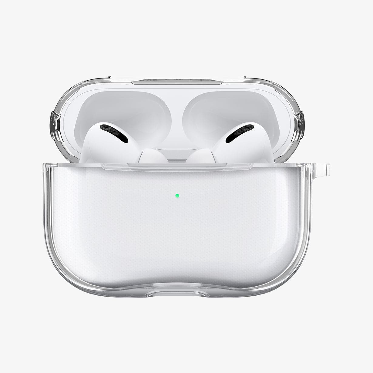 ASD00541 - Apple AirPods Pro Case Ultra Hybrid in crystal clear showing the front with top open and AirPods inside