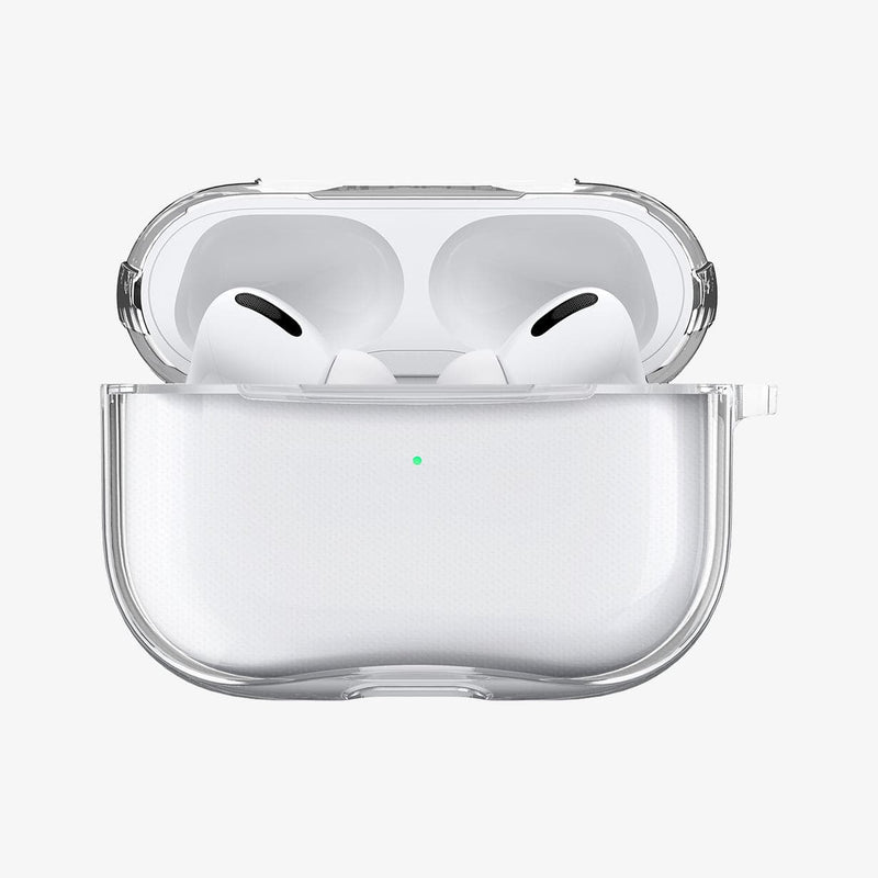 ASD00541 - Apple AirPods Pro Case Ultra Hybrid in crystal clear showing the front with top open and AirPods inside