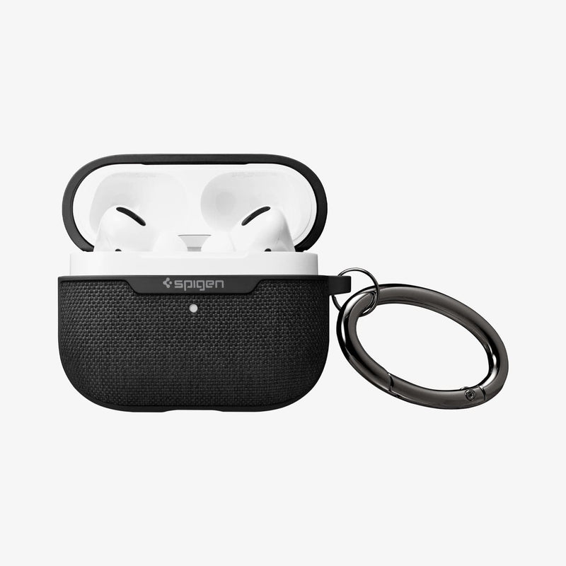 ASD00572 - Apple AirPods Pro Case Urban Fit in black showing the front, carabiner and top open with AirPods inside