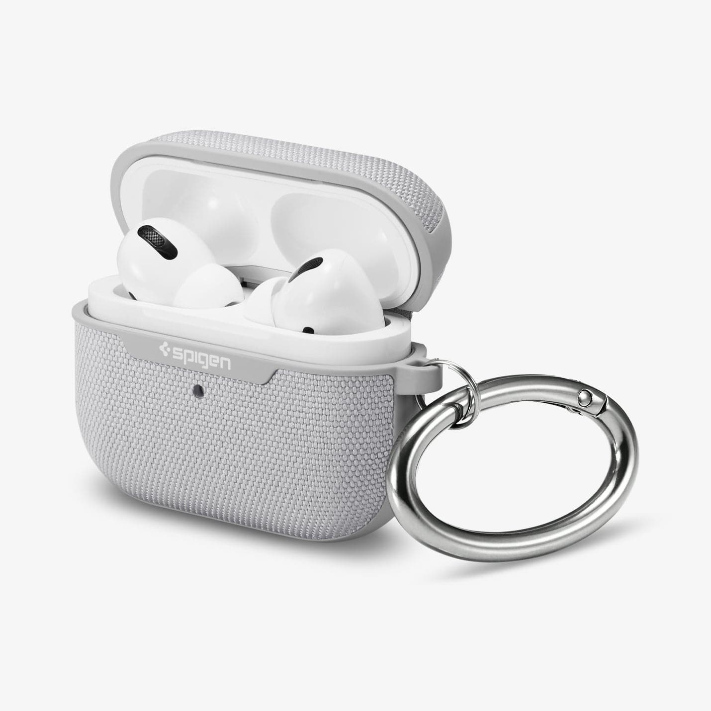 ASD00573 - Apple AirPods Pro Case Urban Fit in gray showing the front, side, carabiner and top open with AirPods inside