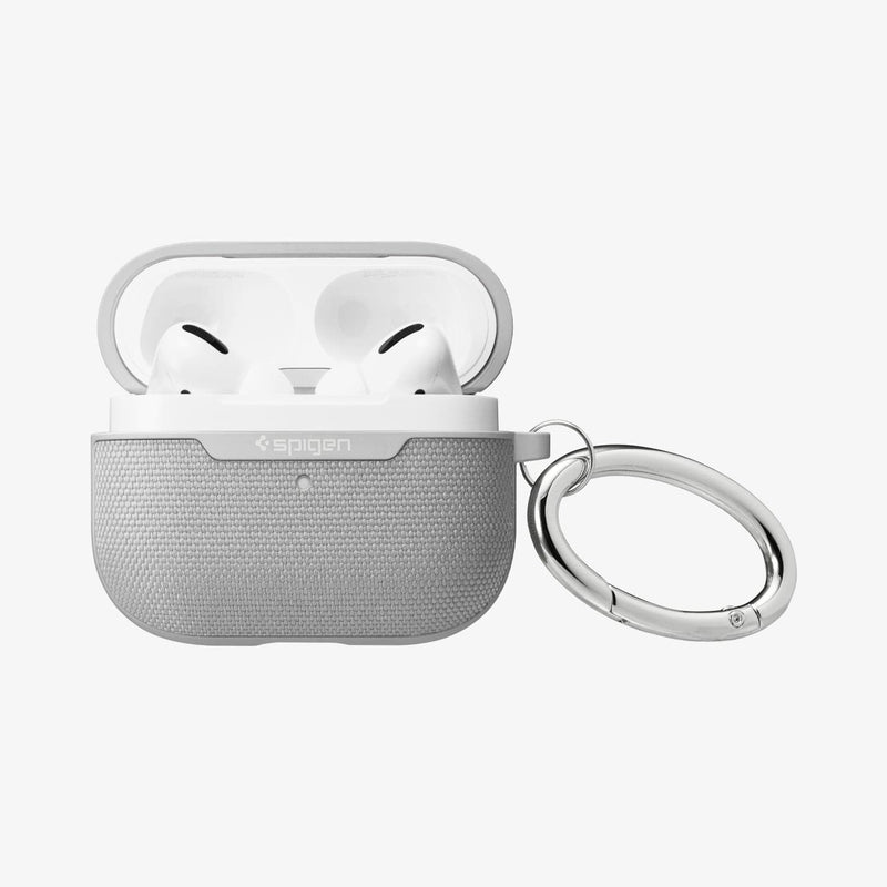 ASD00573 - Apple AirPods Pro Case Urban Fit in gray showing the front, carabiner and top open with AirPods inside