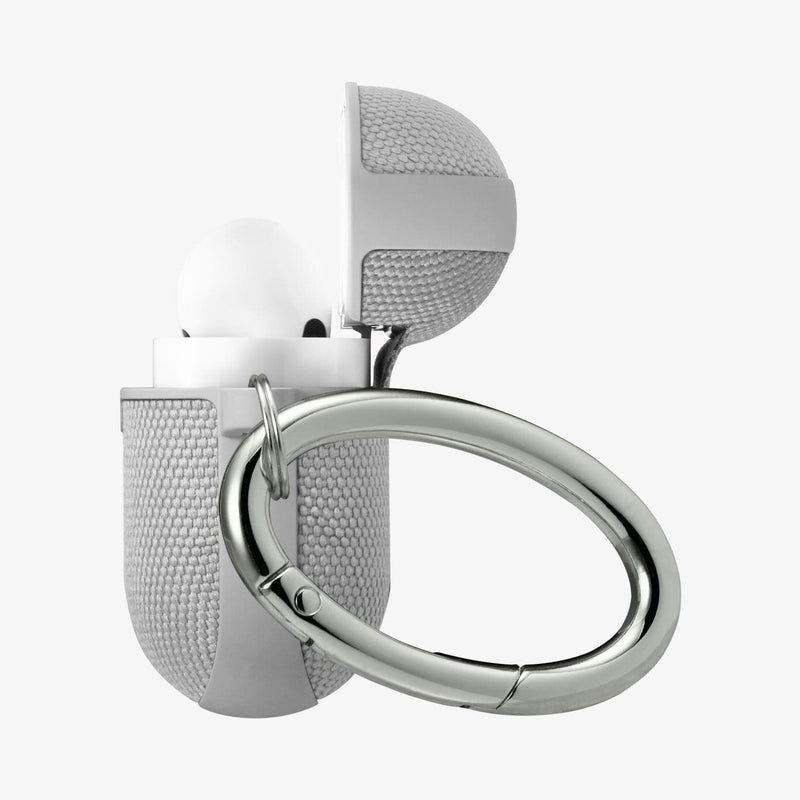 ASD00573 - Apple AirPods Pro Case Urban Fit in gray showing the side, carabiner and top open with AirPods inside