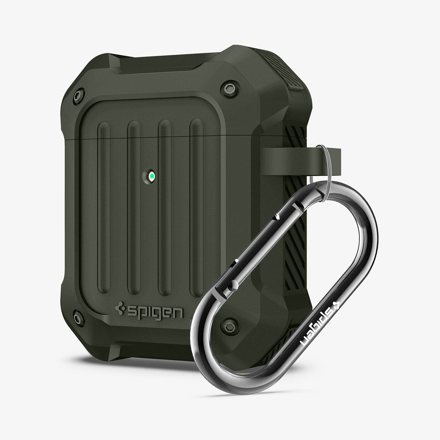 074CS26499 - Apple AirPods 1 / 2 Case Tough Armor in military green showing the front, side and carabiner