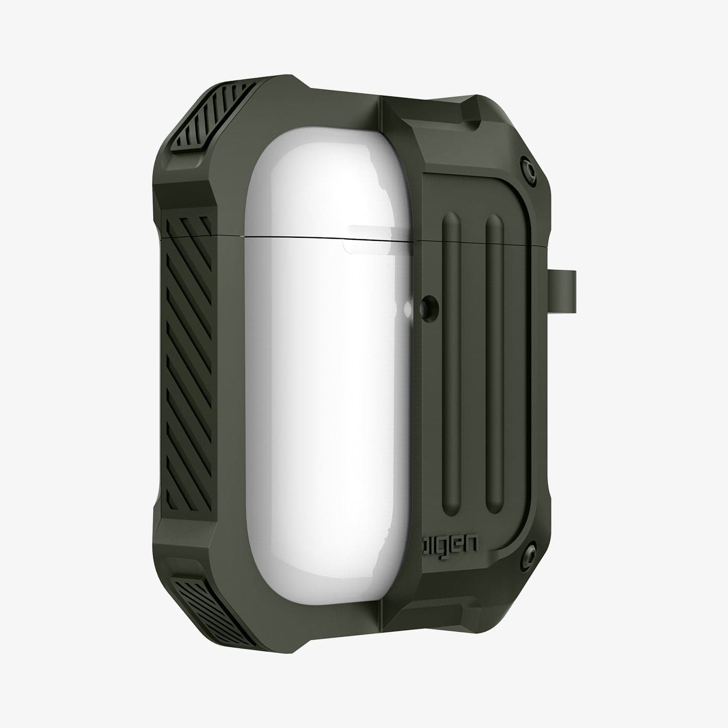 074CS26499 - Apple AirPods 1 / 2 Case Tough Armor in military green showing the front with case cut half open