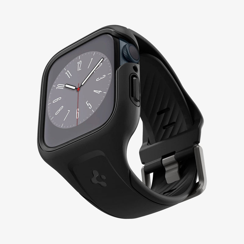 ACS04182 - Apple Watch Series (45mm) Case Liquid Air Pro in black showing the front, bottom and partial inside of band