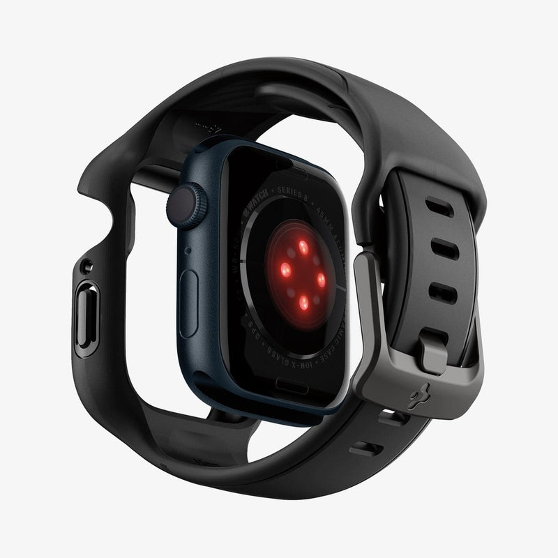 ACS04182 - Apple Watch Series (45mm) Case Liquid Air Pro in black showing the back with watch face hovering away from band