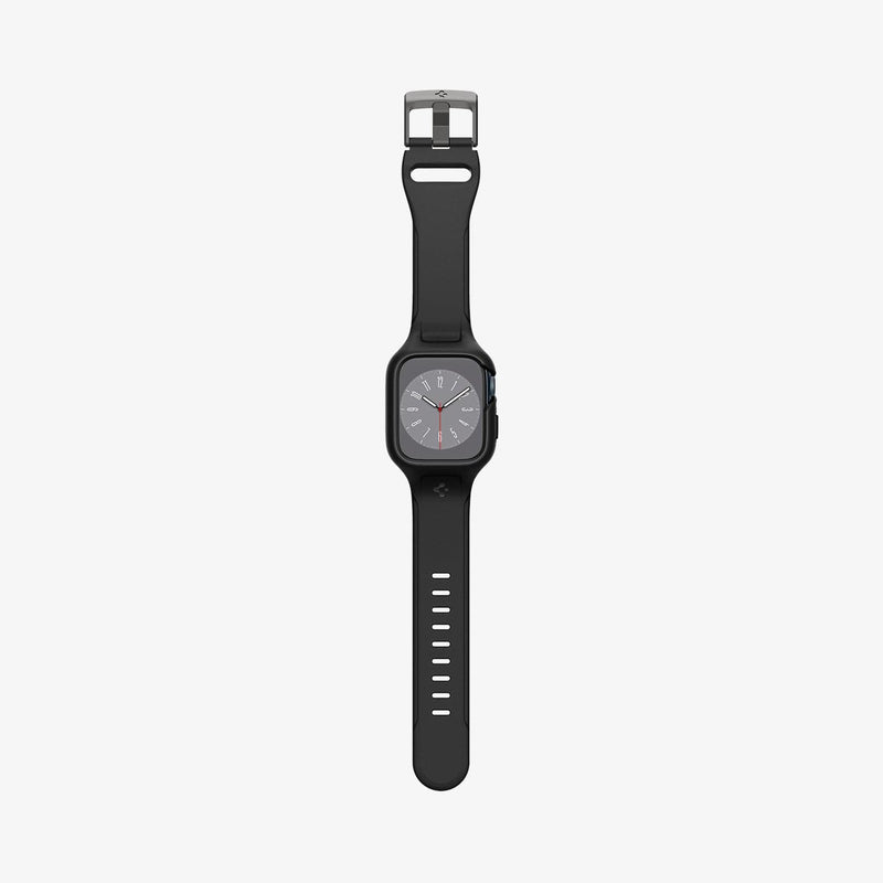 ACS04182 - Apple Watch Series (45mm) Case Liquid Air Pro in black showing the front with watch band laid out flat