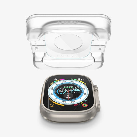 AGL05556 - Apple Watch Ultra Screen Protector EZ FIT Glas.tR showing the ez fit tray hovering above the apple watch face