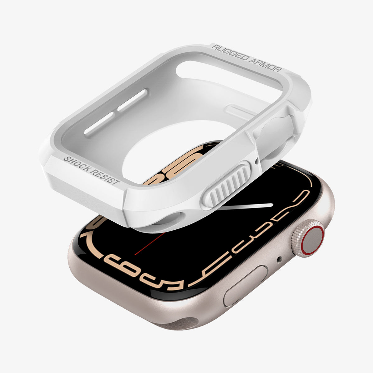 062CS24471 - Apple Watch (45mm) Rugged Armor in White showing the case hovering in front of the watch face