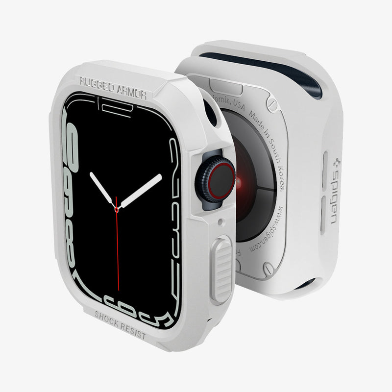 062CS24471 - Apple Watch (45mm) Rugged Armor in White showing the front face, back and partial sides of 2 watches facing each others back