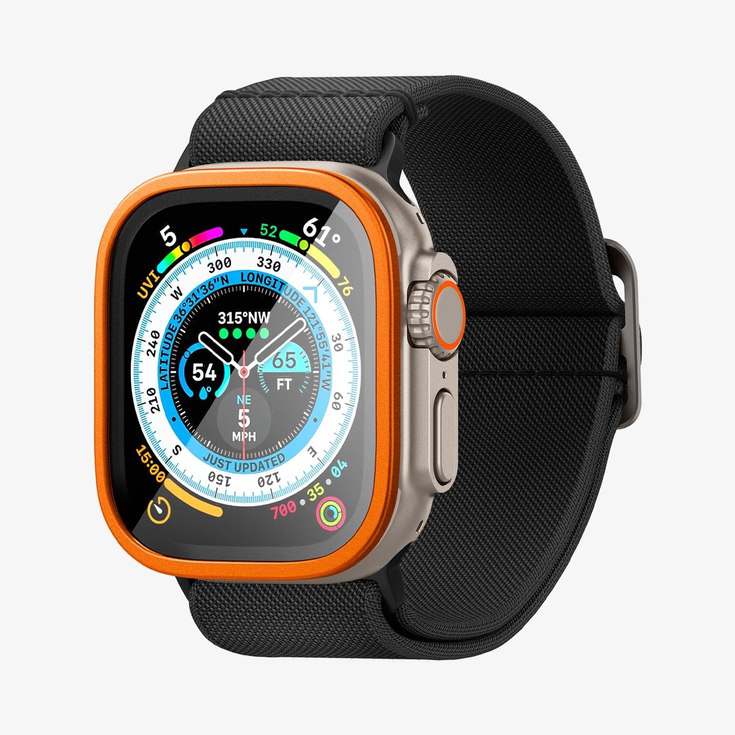 AGL06162 - Apple Watch Ultra (Apple Watch (49mm)) Screen Protector Glas.tR Slim Pro in orange showing the front and partial inside of band