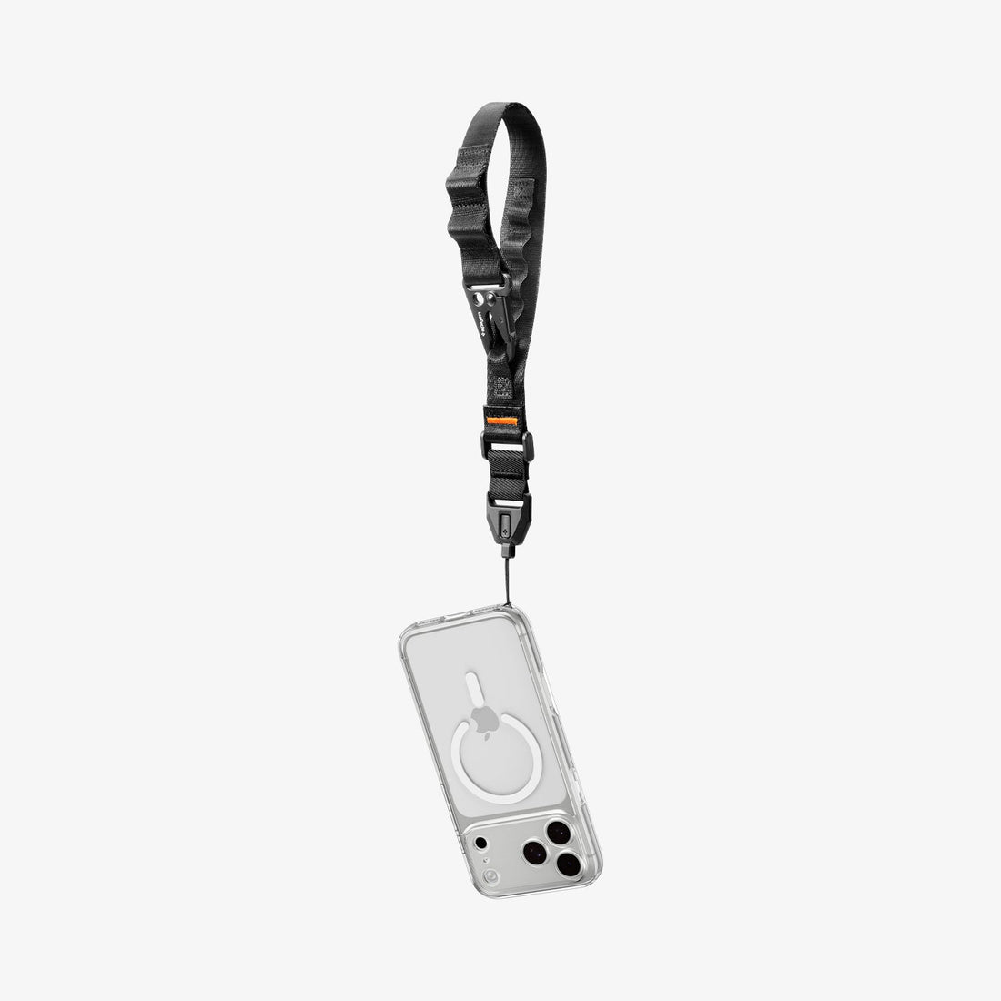 AFA10615 - The Wrist Lanyard | DA30S, shown attached to a clear MagSafe phone case with a quick-release buckle, is displayed on a white background. Order now for expedited shipping and fast delivery.