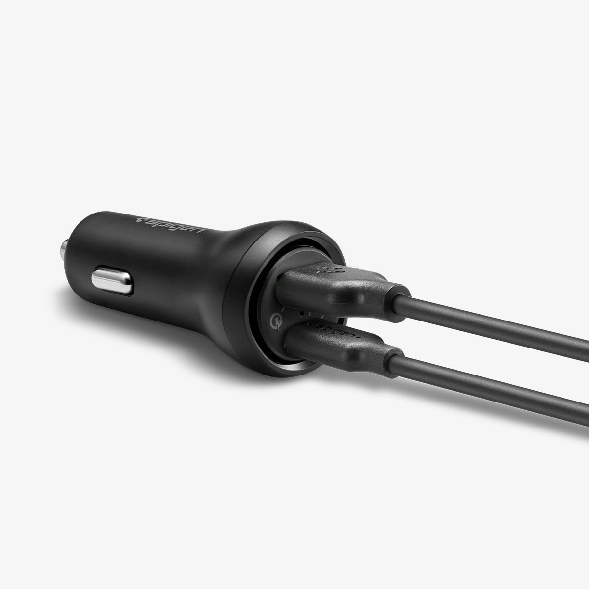 000CP25597 - SteadiBoost USB-C PD3.0 Car Charger showing the front with two charging cables inserted