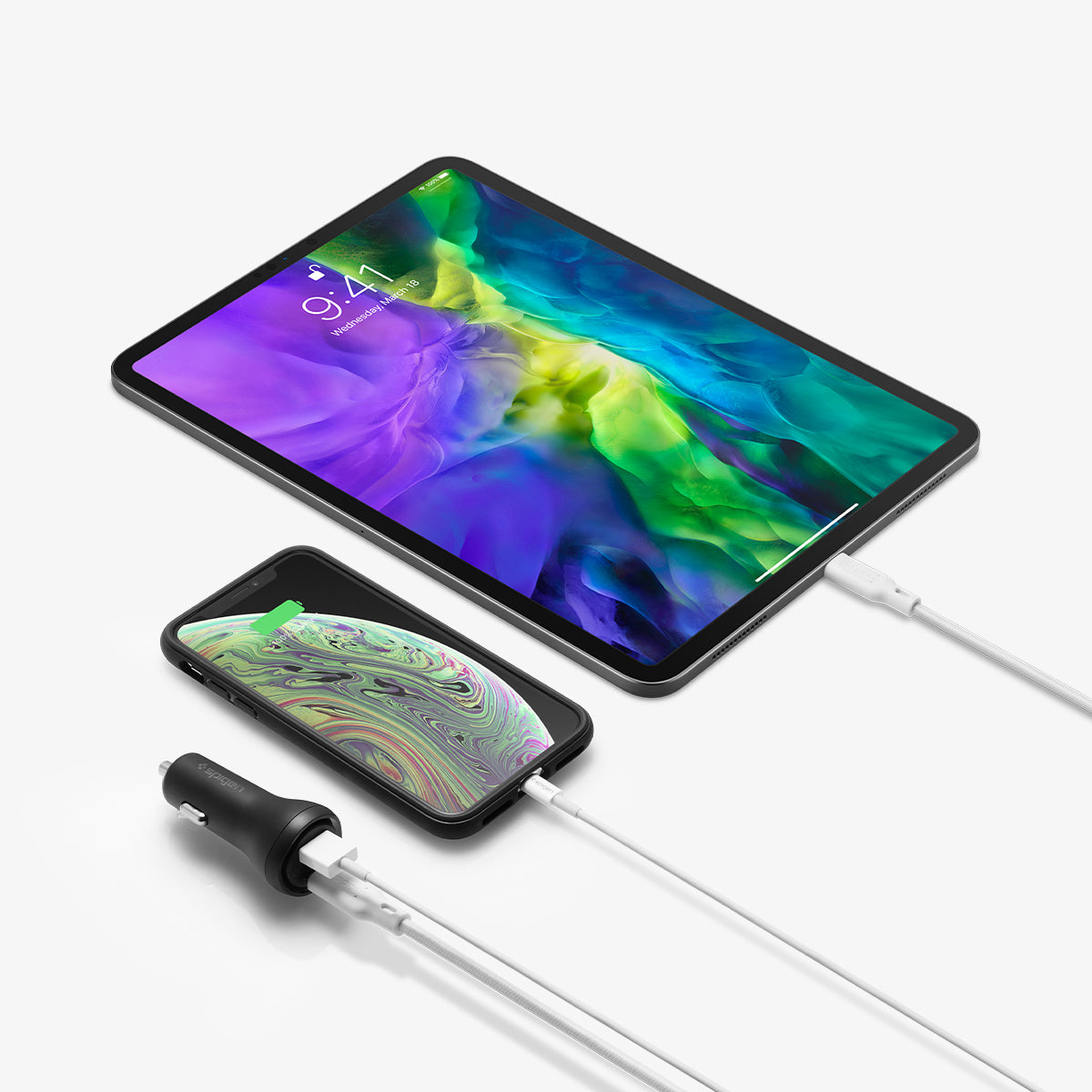 000CP25597 - SteadiBoost USB-C PD3.0 Car Charger showing the car charger charging a phone and tablet at once