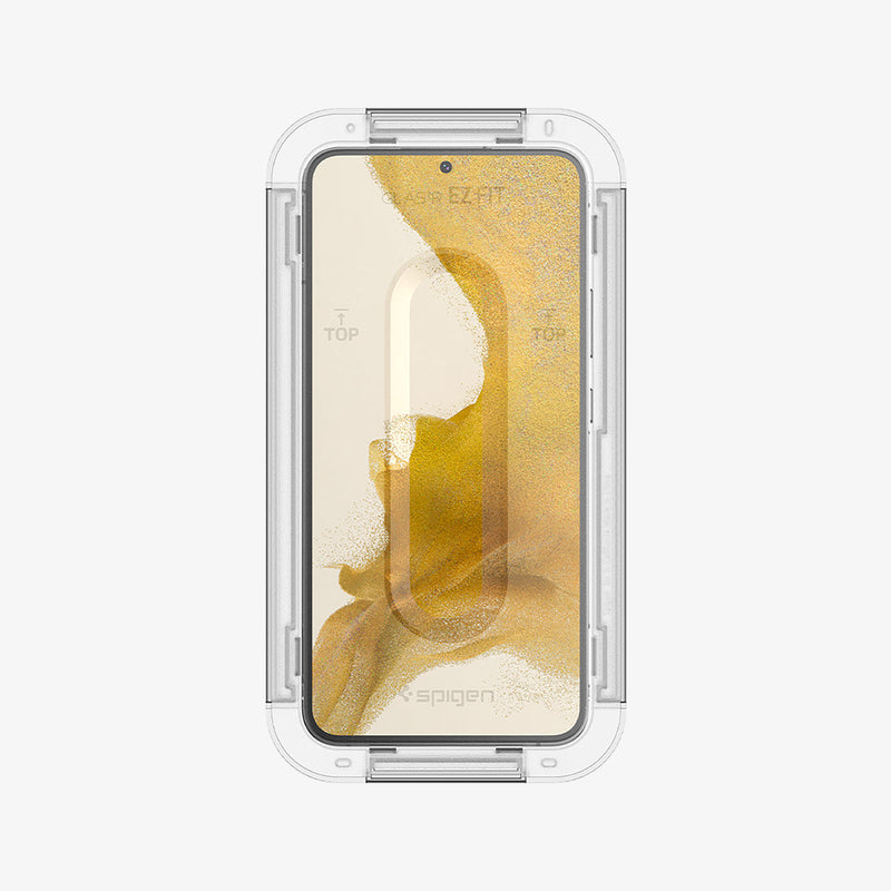  AGL05180 - Galaxy S22 EZ FIT GLAS.tR Screen Protector showing the front with ez fit tray installed onto the device