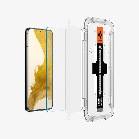 AGL05180 - Galaxy S22 EZ FIT GLAS.tR Screen Protector showing the ez fit tray, alignment film and screen protector hovering in front of the device