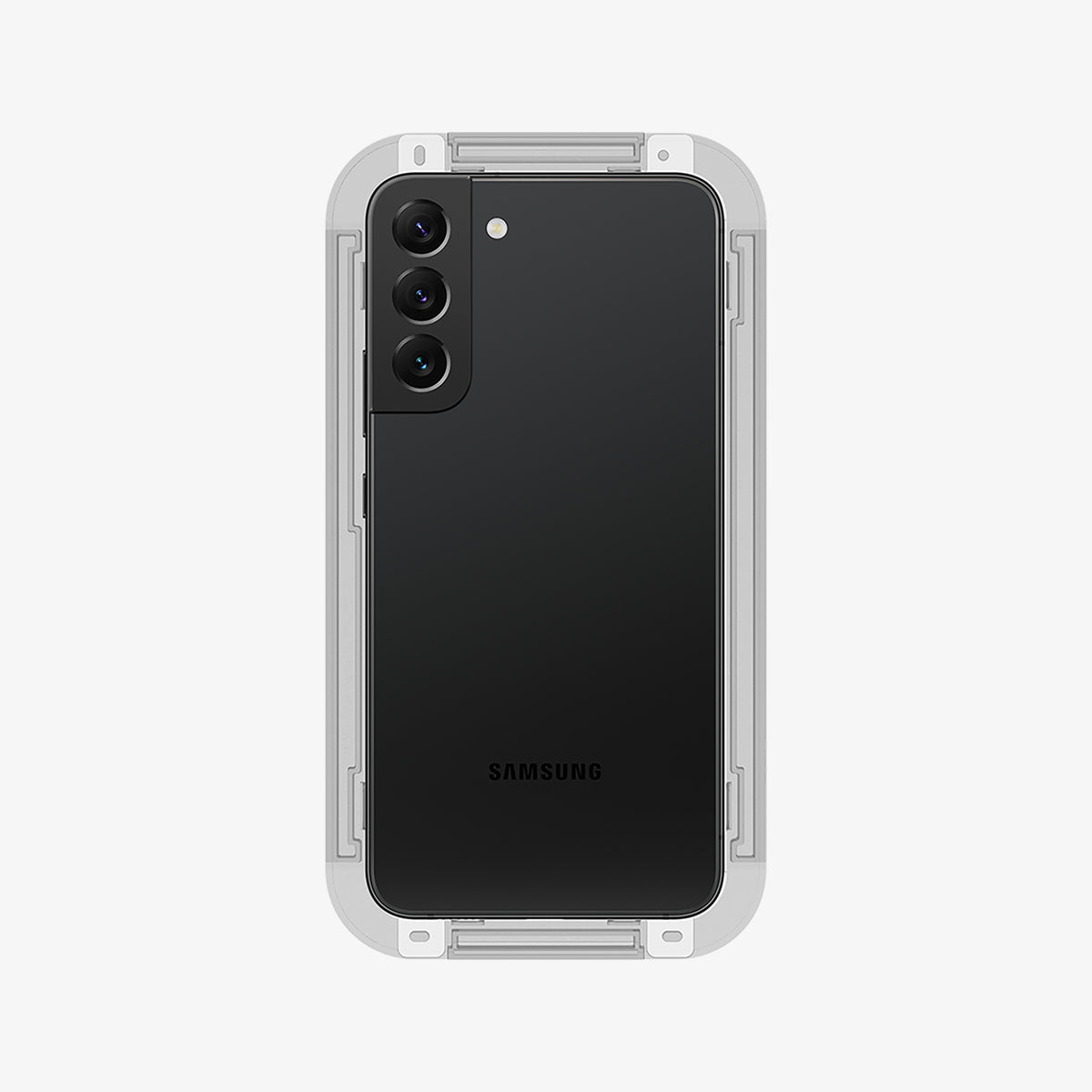 AGL05180 - Galaxy S22 EZ FIT GLAS.tR Screen Protector showing the back with ez fit tray installed onto the device