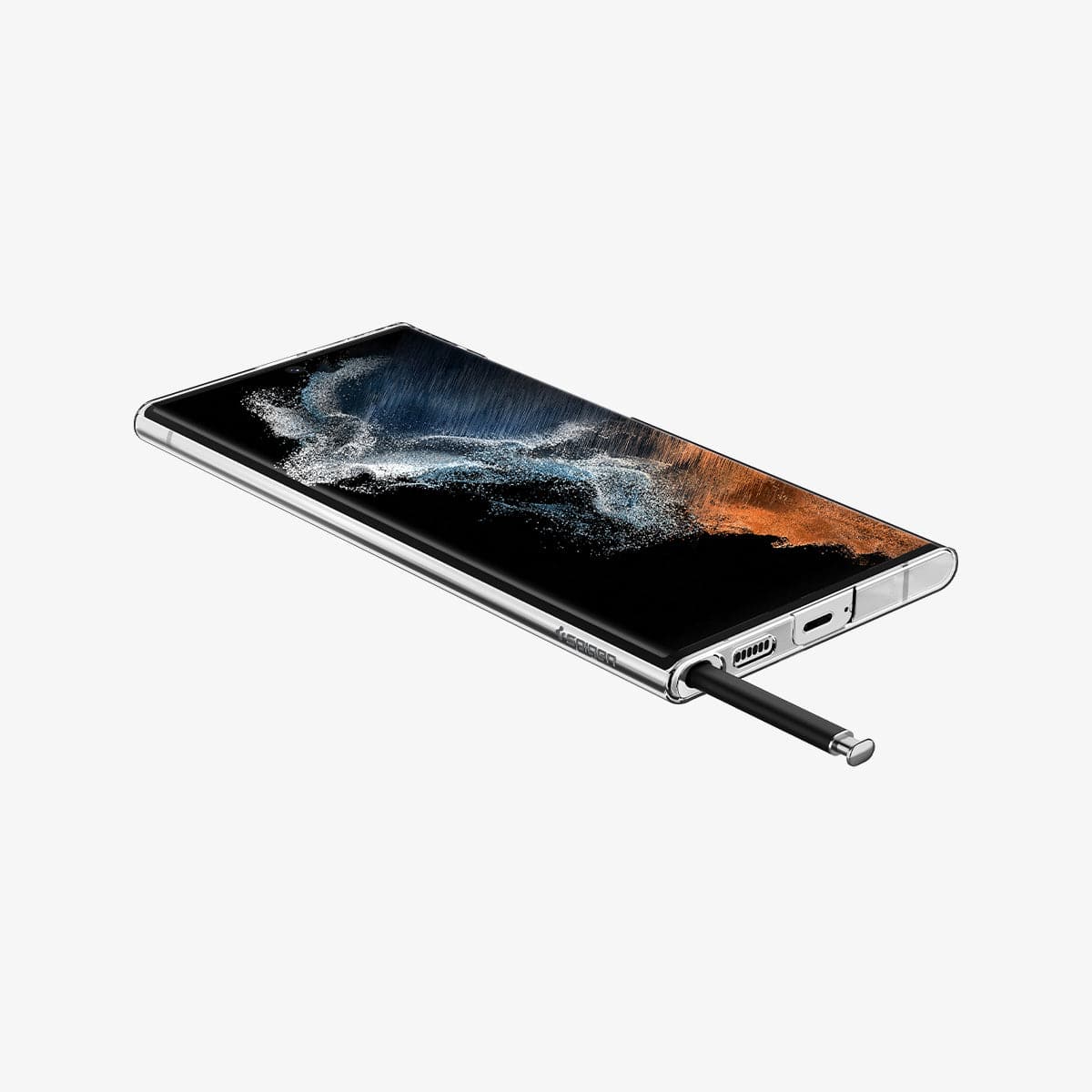 ACS03930 - Galaxy S22 Ultra 5G Case AirSkin in crystal clear showing the front, side and bottom with s pen sticking out of slot