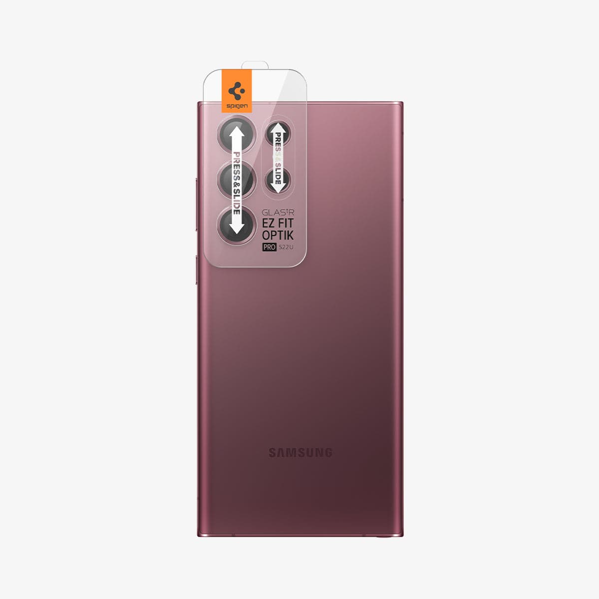 AGL04752 - Galaxy S22 Ultra EZ Fit Optik Pro Lens Protector Glass.tR in burgundy showing the back with ez fit tray installed onto camera lens