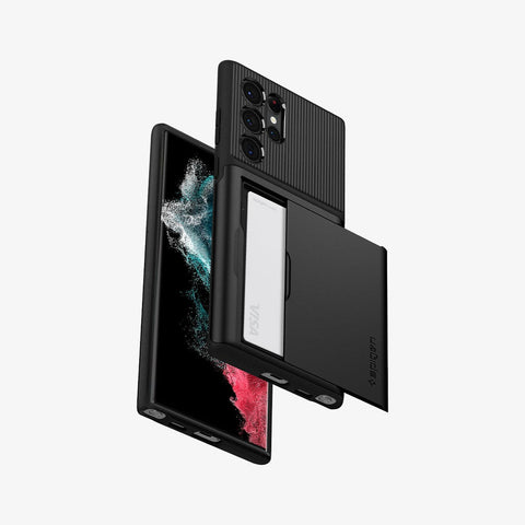 ACS03927 - Galaxy S22 Ultra 5G Case Slim Armor CS in black showing the front, side, bottom and back with card slot open and card inside