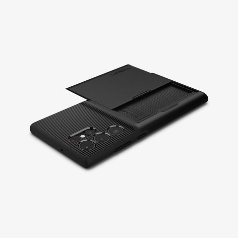 ACS03927 - Galaxy S22 Ultra 5G Case Slim Armor CS in black showing the top, side and back with card slot open and no card inside