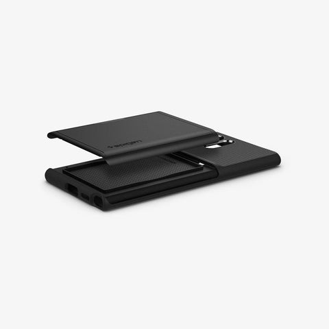 ACS03927 - Galaxy S22 Ultra 5G Case Slim Armor CS in black showing the back with card slot top layer hovering over to show construction