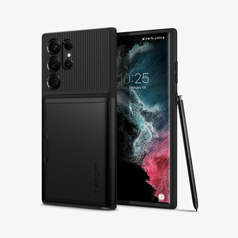 ACS03927 - Galaxy S22 Ultra 5G Case Slim Armor CS in black showing the front and back with card slot closed