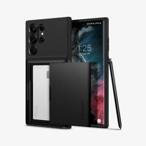 ACS03927 - Galaxy S22 Ultra 5G Case Slim Armor CS in black showing the front and back with card slot open and card inside