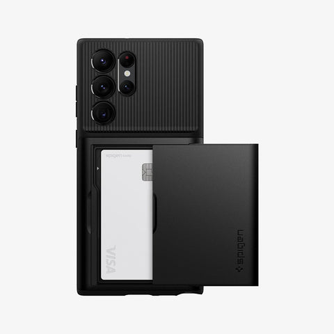 ACS03927 - Galaxy S22 Ultra 5G Case Slim Armor CS in black showing the back with card slot open and card inside