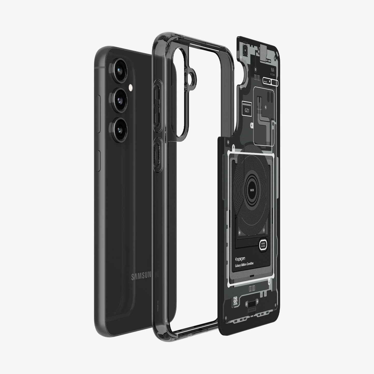 ACS06372 - Galaxy S23 FE Case Ultra Hybrid in zero one showing the multiple layers of case hovering away from the device
