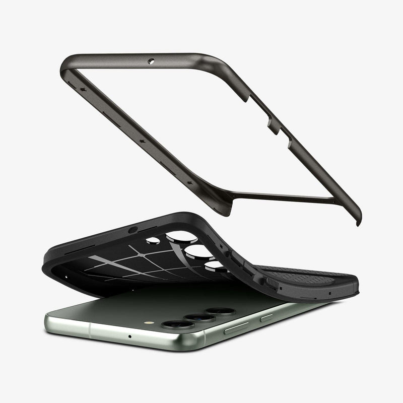 ACS05675 - Galaxy S23 Plus Case Neo Hybrid in gunmetal showing the back bending slightly away from device and back component hovering above