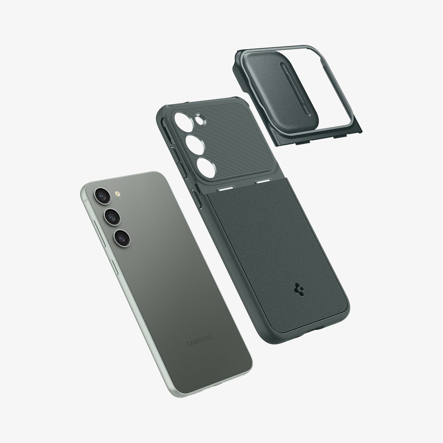 ACS06088 - Galaxy S23 Case Optik Armor in abyss green showing the multiple layers of lens protector and case hovering above device