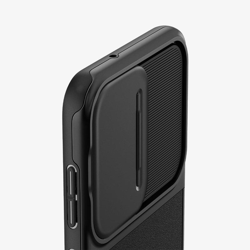 ACS05687 - Galaxy S23 Plus Case Optik Armor in black showing the back and partial side zoomed in on camera lens
