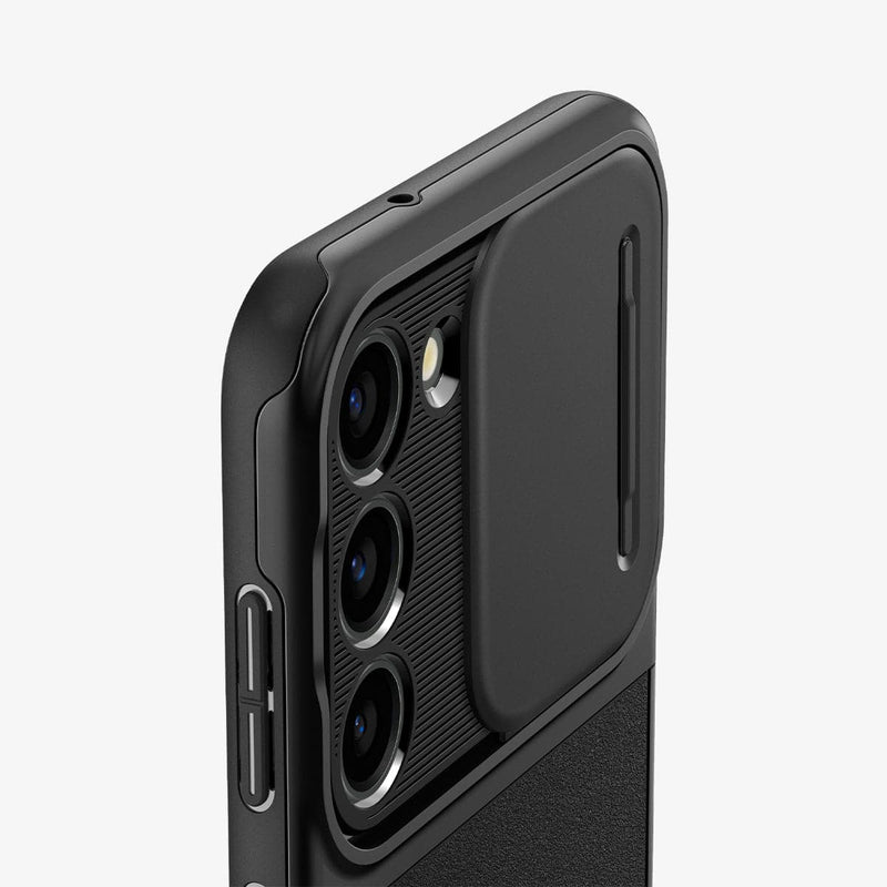 ACS05687 - Galaxy S23 Plus Case Optik Armor in black showing the back and partial side zoomed in on camera lens with slot open
