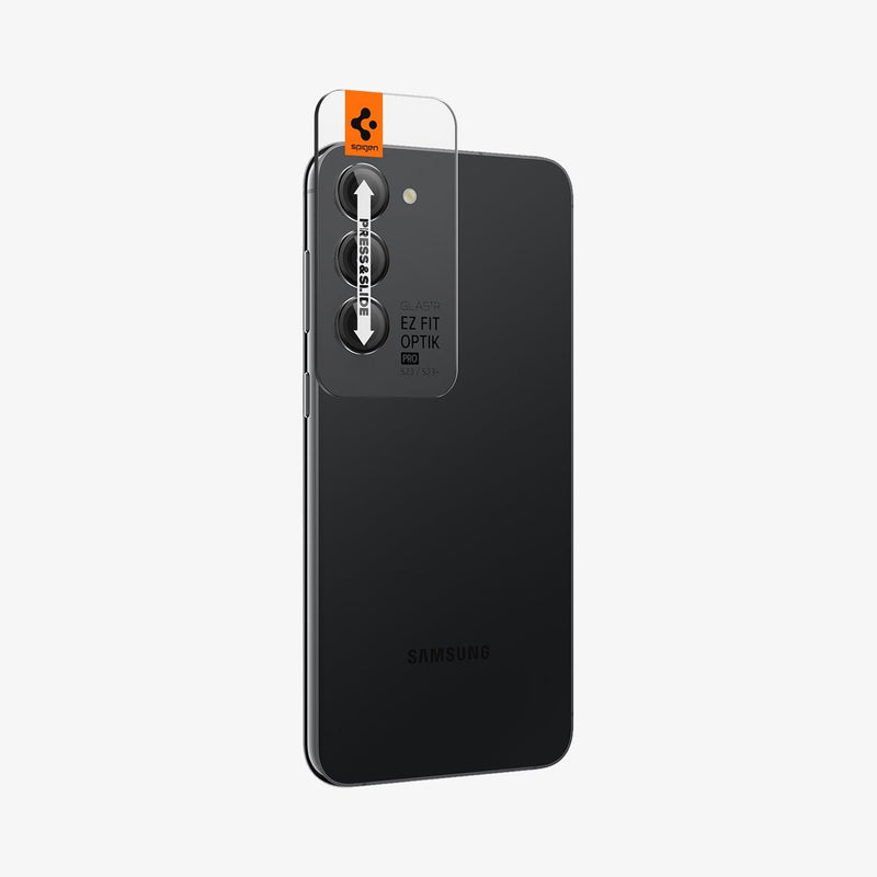 AGL05962 - Galaxy S23 Plus / S23 EZ Fit Optik Pro Lens Protector in black showing the ez fit tray on camera lens and back partial side view