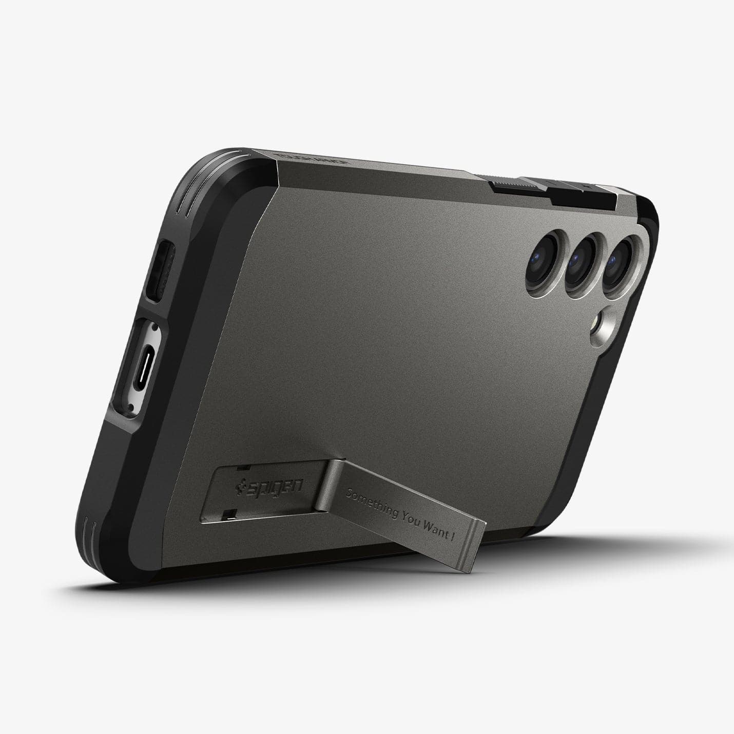 ACS05673 - Galaxy S23 Plus Case Tough Armor in gunmetal showing the back and bottom with device propped up by built in kickstand